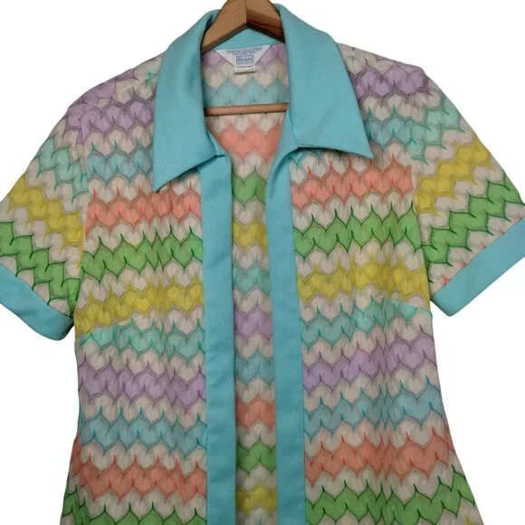 Vintage Sears Shirt Size 20 Open Front Zig Zag Pastel Semi Sheer Grannycore Top - Picture 3 of 16